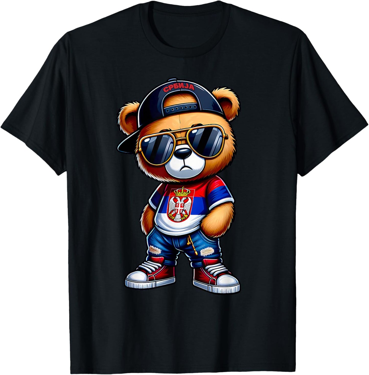 Cute Serbian Teddy Bear with Serbia Flag Yugoslavia Gift T-Shirt - T-Shirt | Black