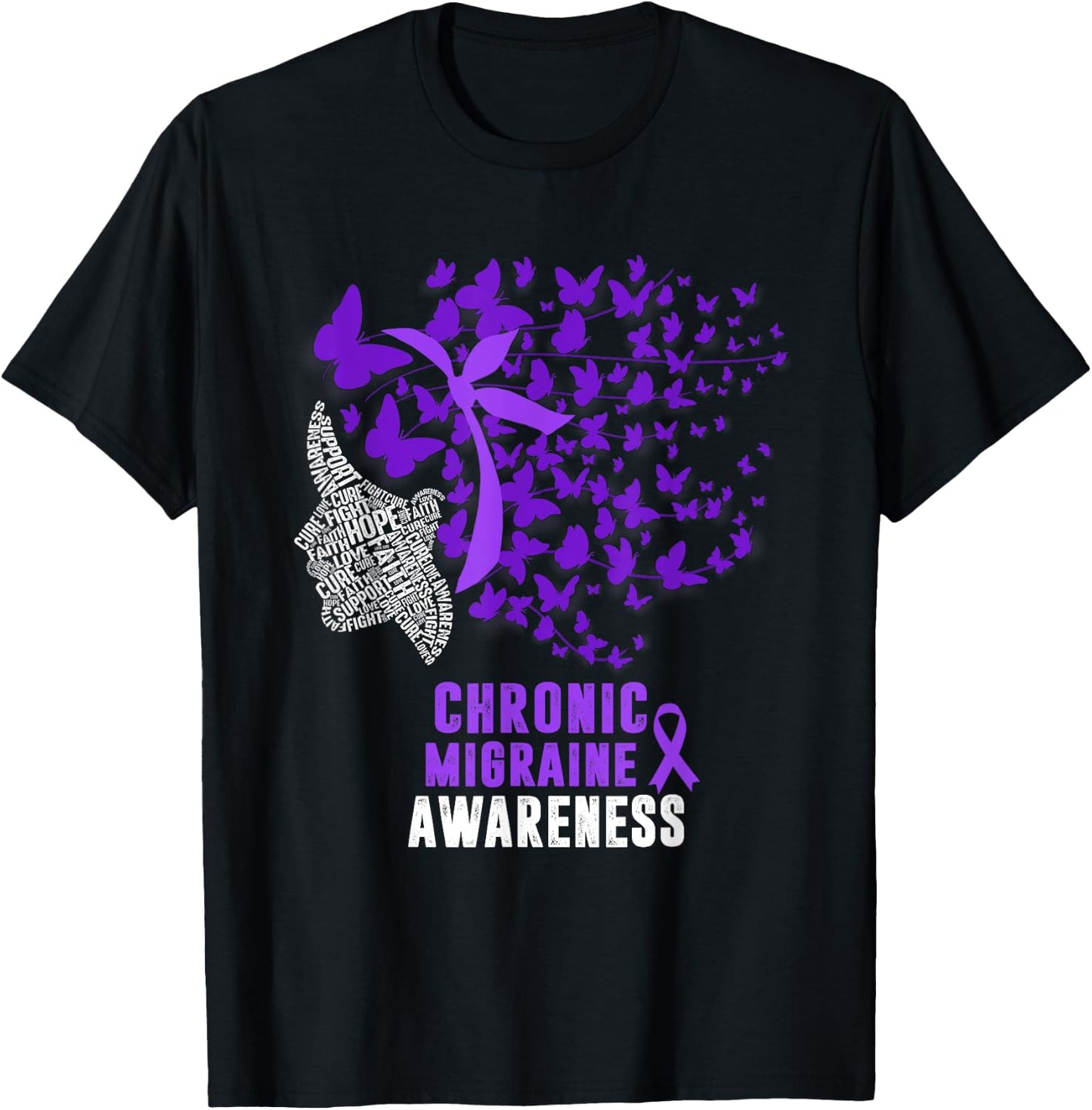 Chronic Migraine Awareness Month Butterfly Purple Ribbon T-Shirt - T-Shirt | Black