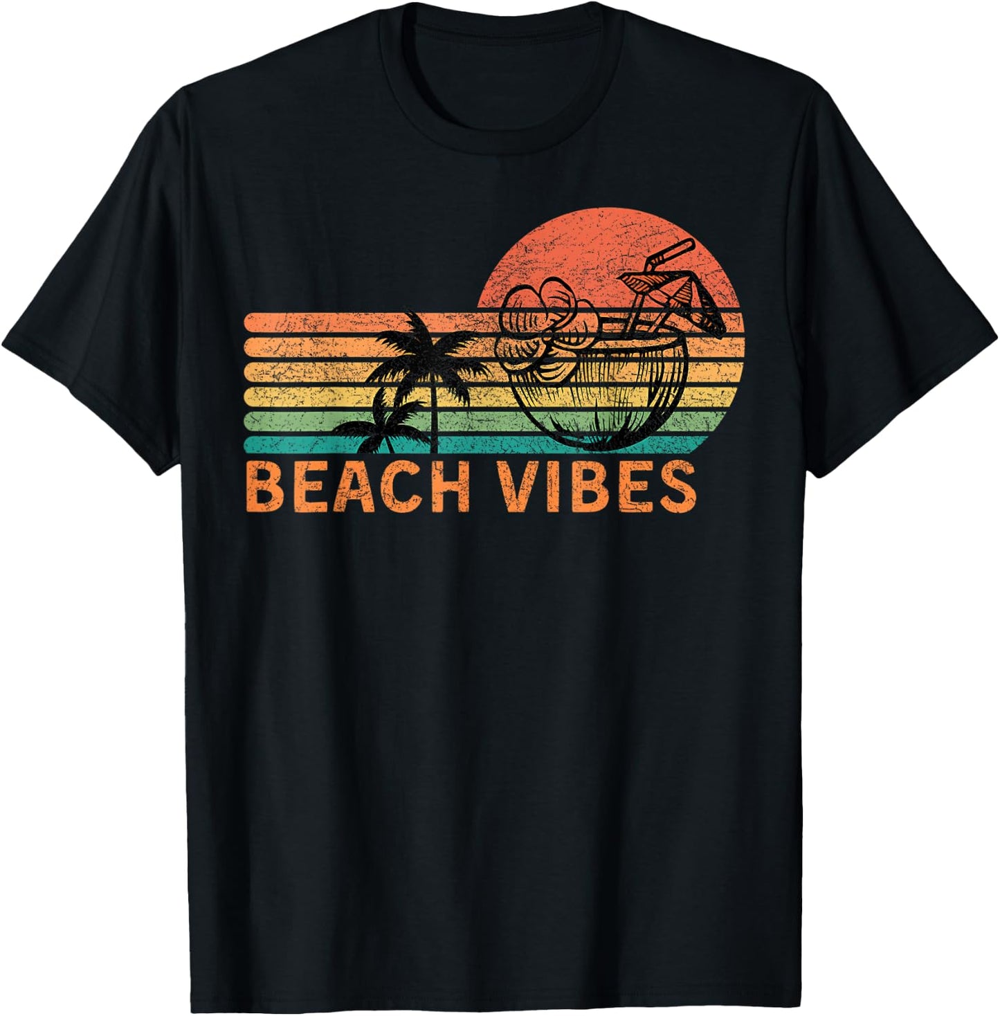Vintage Beach Vibes Coconut Cocktail Palm Trees Retro Sunset Men Women T-Shirt - T-Shirt | Black