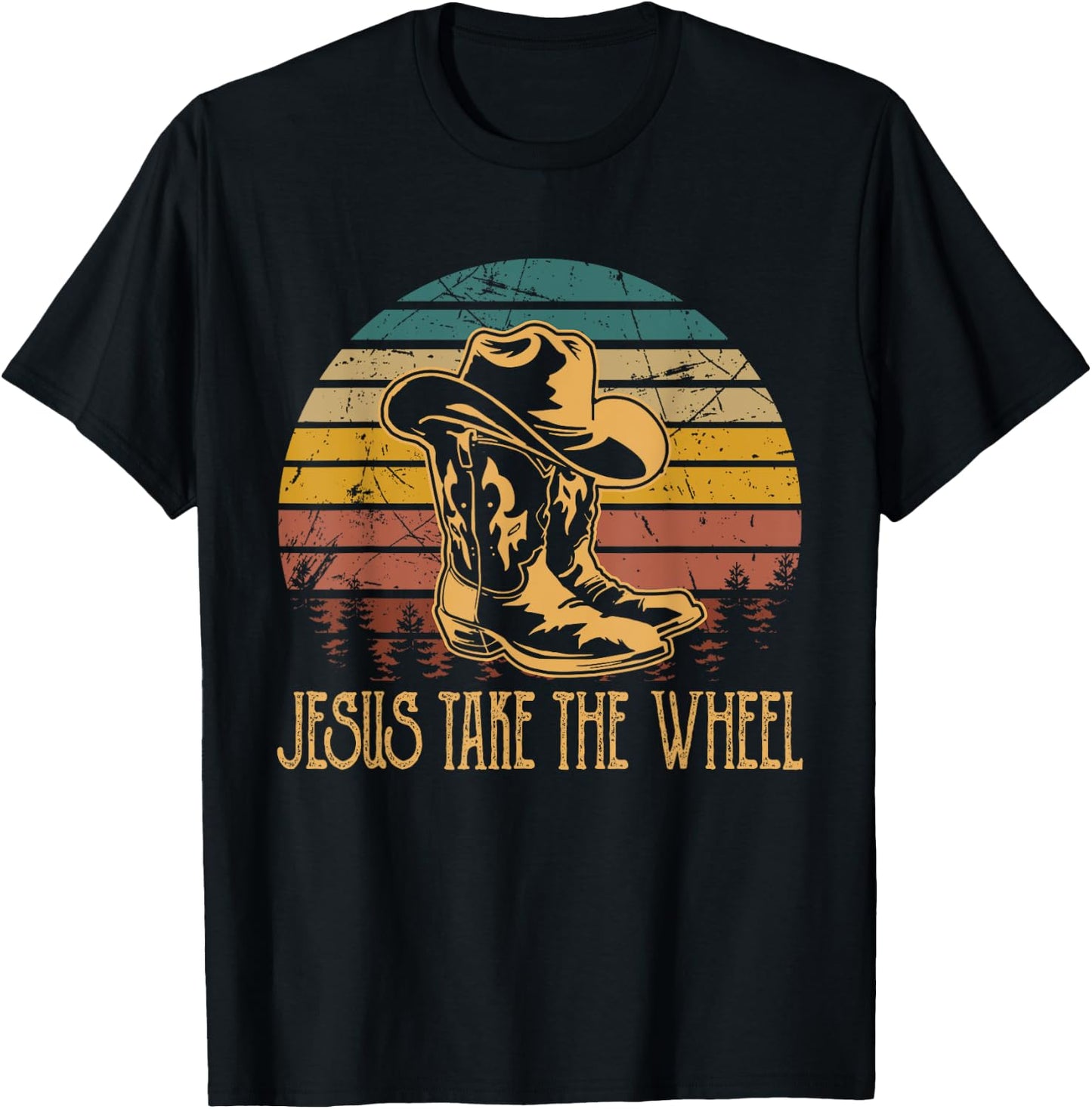 Vintage Funny Music Designs Jesus Take The Wheel Western Horse Riding T-Shirt - T-Shirt | Black