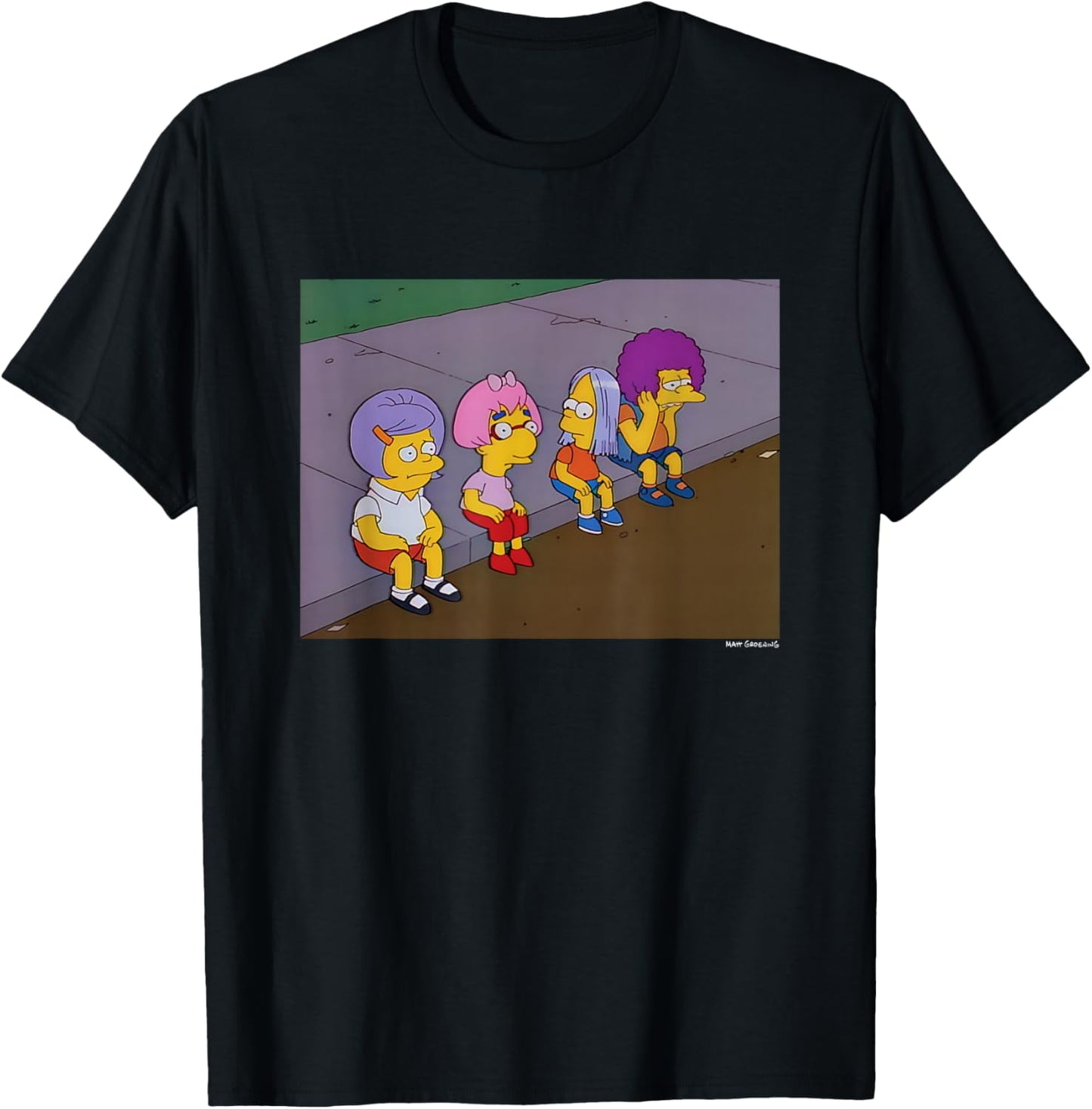 The Simpsons Iconic Characters Road Wigs Group Shot Logo T-Shirt - T-Shirt | Black
