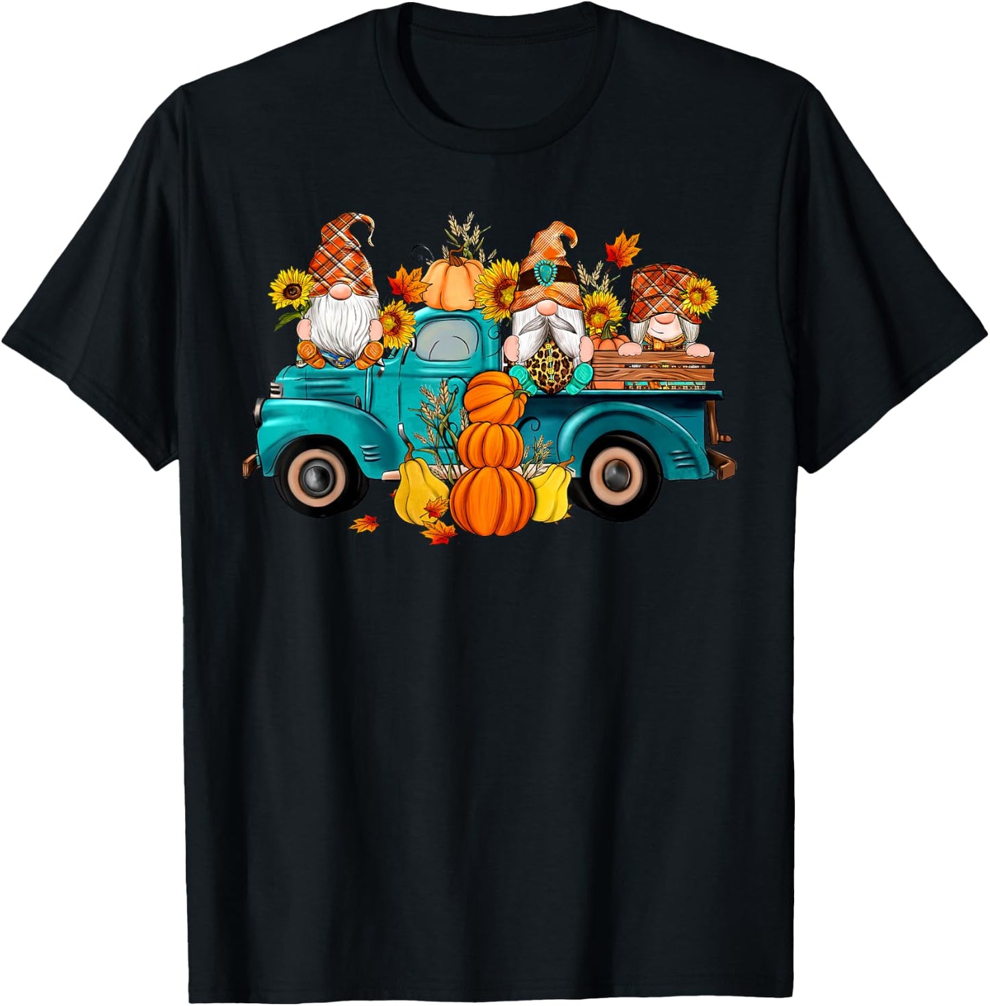 Cute Gnomes Truck Sunflower Pumpkin Fall Autumn Season T-Shirt - T-Shirt | Black