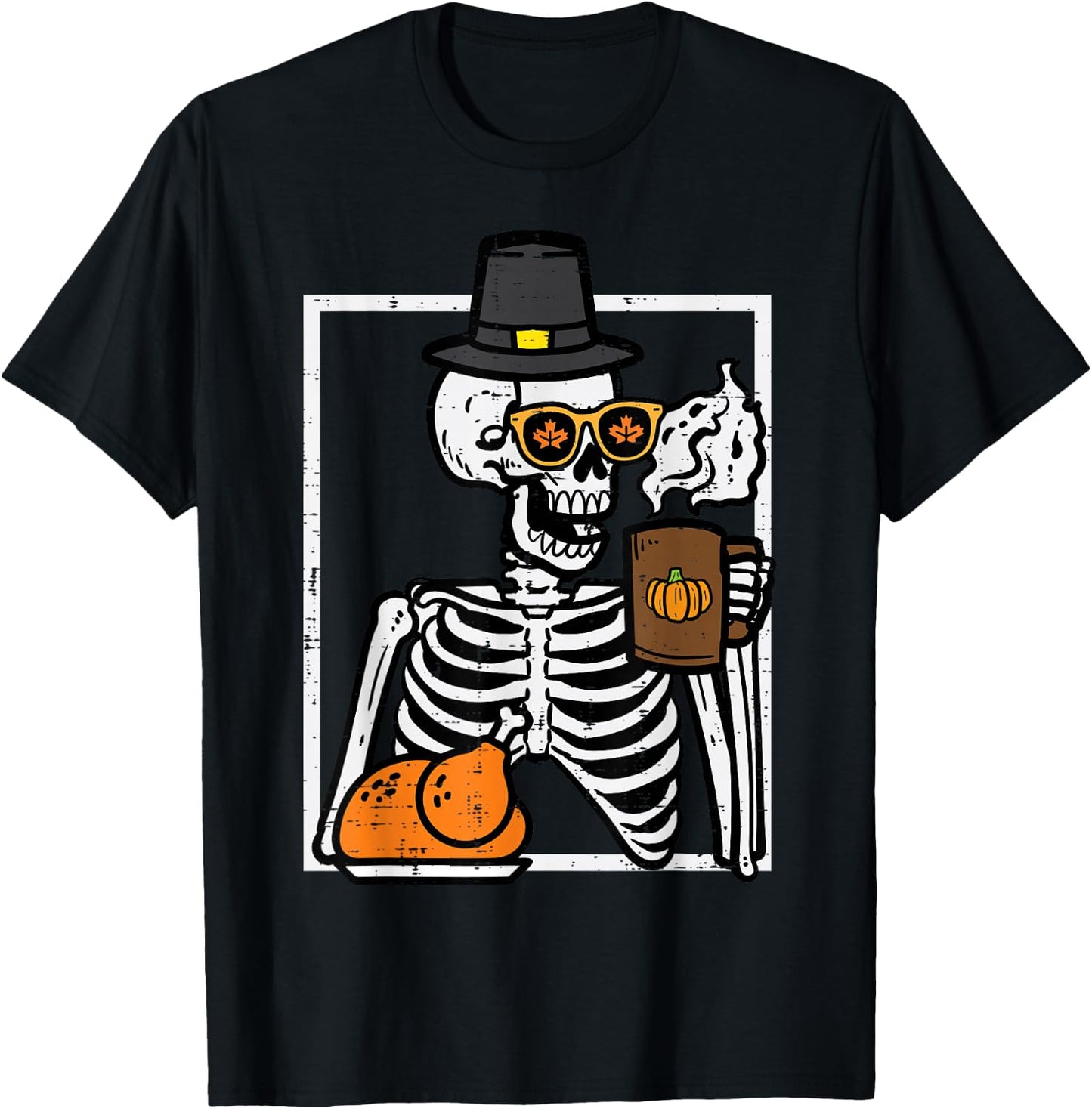 Thanksgiving Skeleton Coffee Funny Fall Men Women Kids T-Shirt - T-Shirt | Black