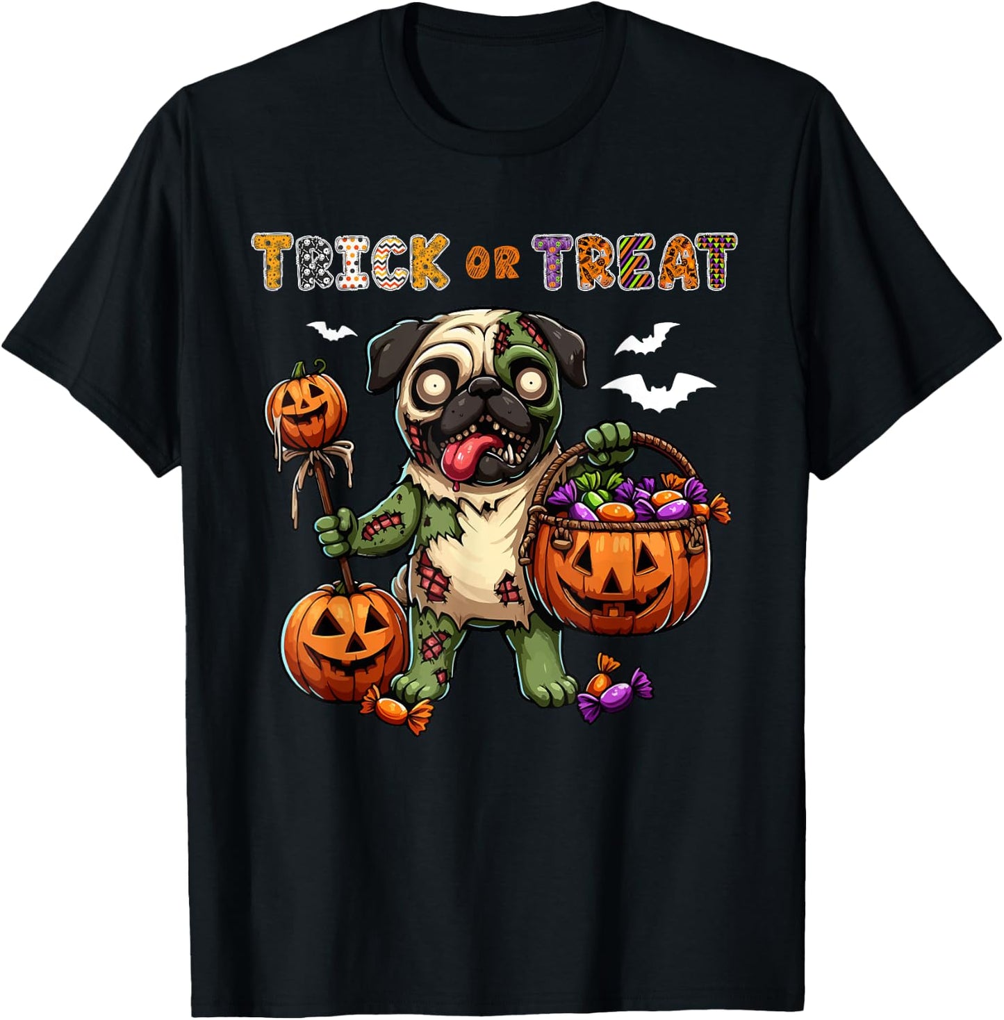 Trick Or Treat Costume Pug Horror Zombie Halloween Candies T-Shirt - T-Shirt | Black