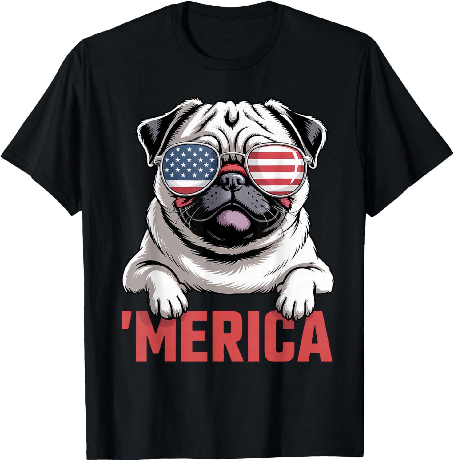 Merica Pug American Flag Patriotic USA Dog Lover Men Women T-Shirt - T-Shirt | Black