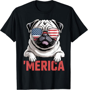 Merica Pug American Flag Patriotic USA Dog Lover Men Women T-Shirt - T-Shirt | Black