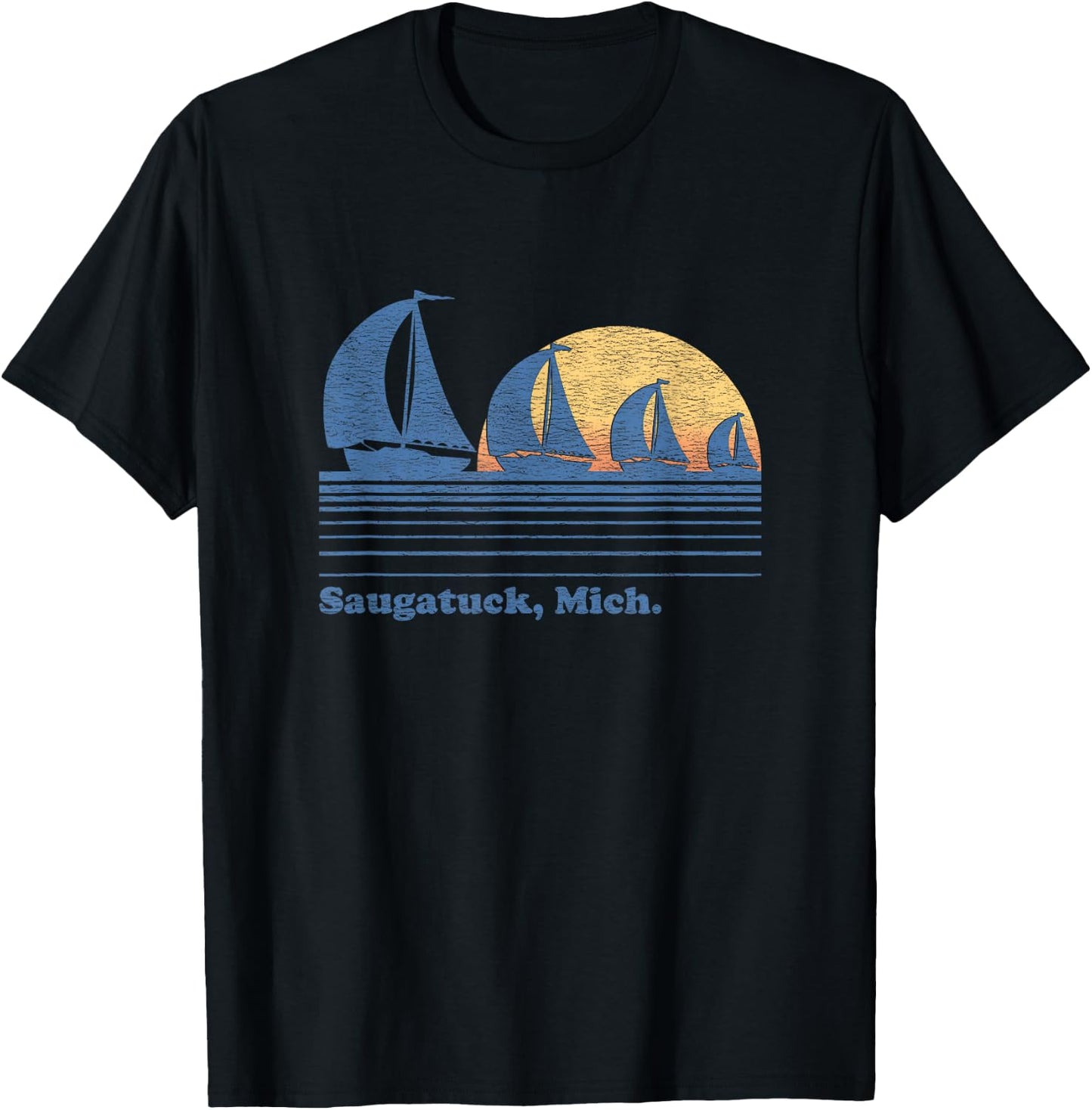 Saugatuck MI Sailboat Vintage 80s Sunset T-Shirt - T-Shirt | Black