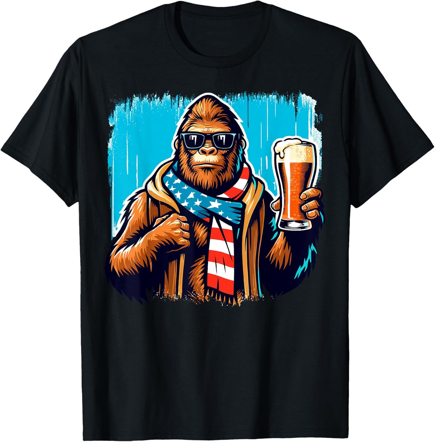 Bigfoot Holding Beer USA Flag Sasquatch 4th of July T-Shirt - T-Shirt | Black