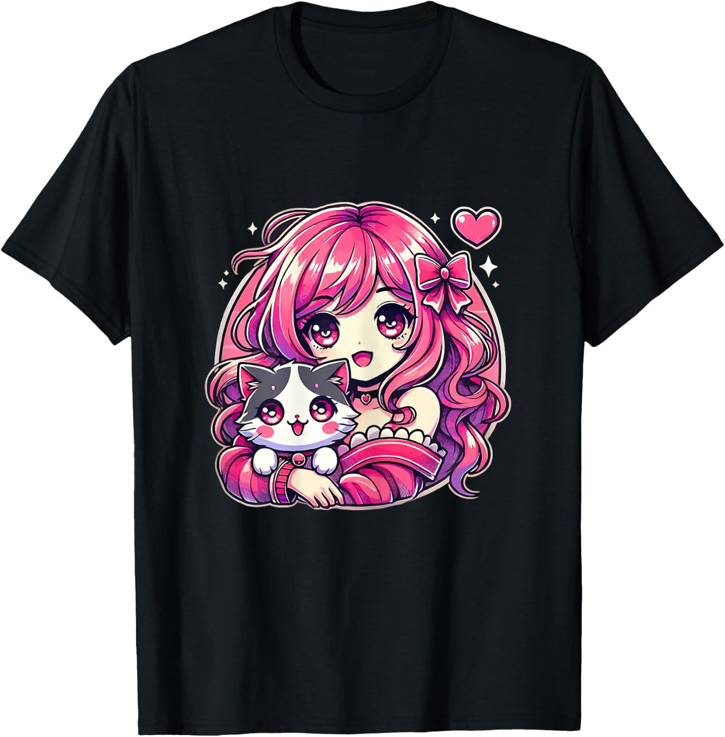 Anime Girl and Cat Kawaii Manga Girl T-Shirt - T-Shirt | Black