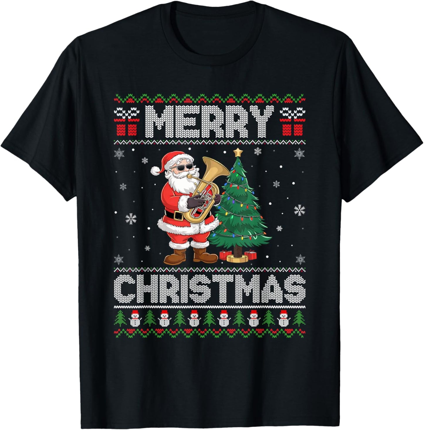 Santa Playing Tuba Men Women Kids Ugly Christmas T-Shirt - T-Shirt | Black