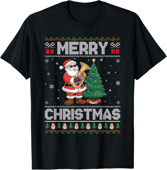 Santa Playing Tuba Men Women Kids Ugly Christmas T-Shirt - T-Shirt | Black