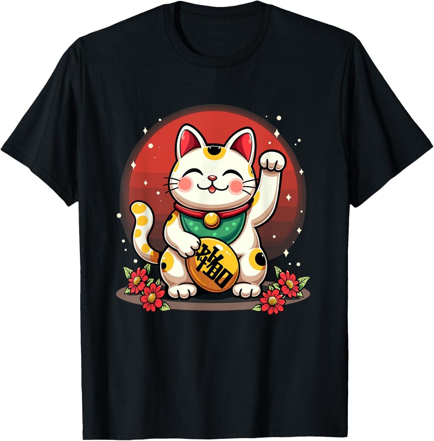 Maneki Neko Japanese Cat Chinese Feng Shui Wealth Caller T-Shirt - T-Shirt | Black