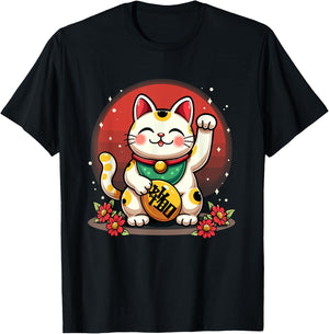 Maneki Neko Japanese Cat Chinese Feng Shui Wealth Caller T-Shirt - T-Shirt | Black
