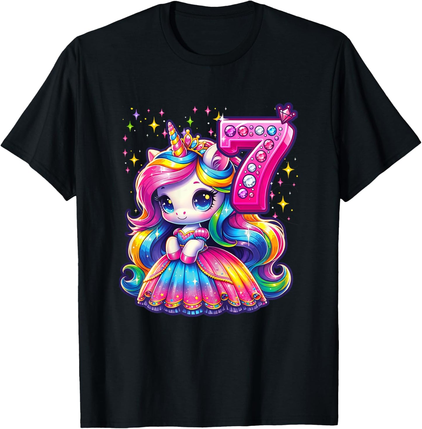 Unicorn Princess 7th Birthday 7 Year Old Party Girl Outfit T-Shirt - T-Shirt | Black