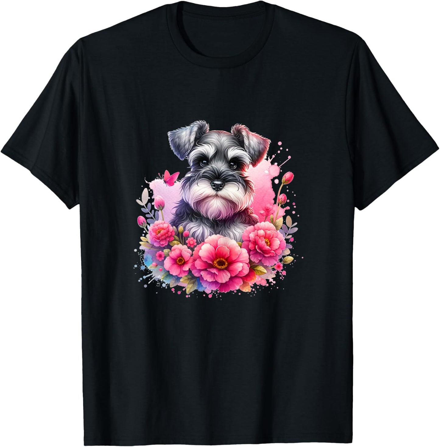 Watercolor Cute Miniature Schnauzer Dog Mom Pink Flowers T-Shirt - T-Shirt | Black