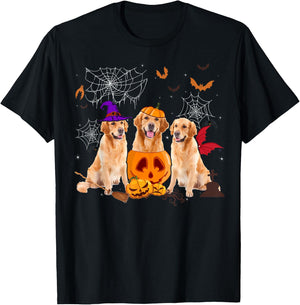 Funny Pumpkin Witch Golden Retriever Dog Halloween Gifts Women Kids T-Shirt - T-Shirt | Black