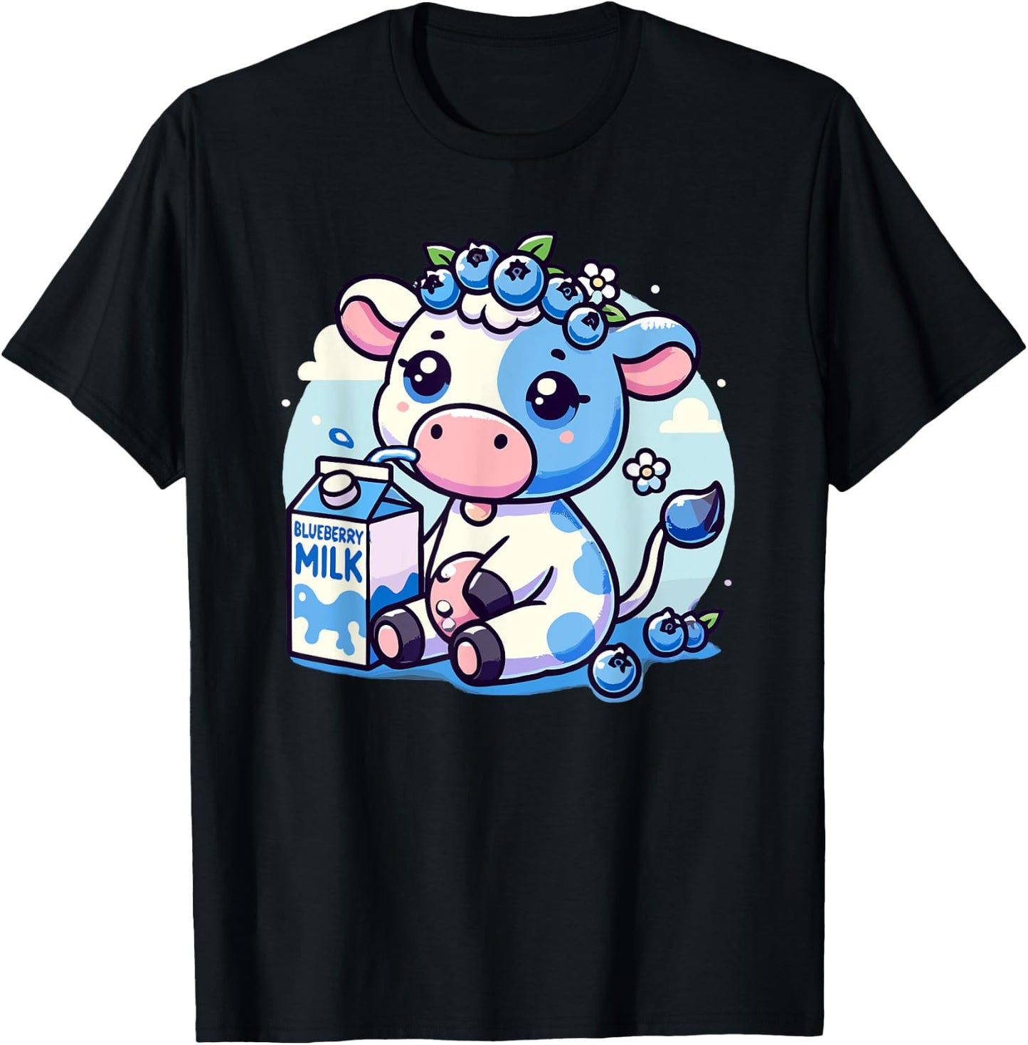 Cute Kawaii Blueberry Milk Cow Animal Milkshake T-Shirt - T-Shirt | Black