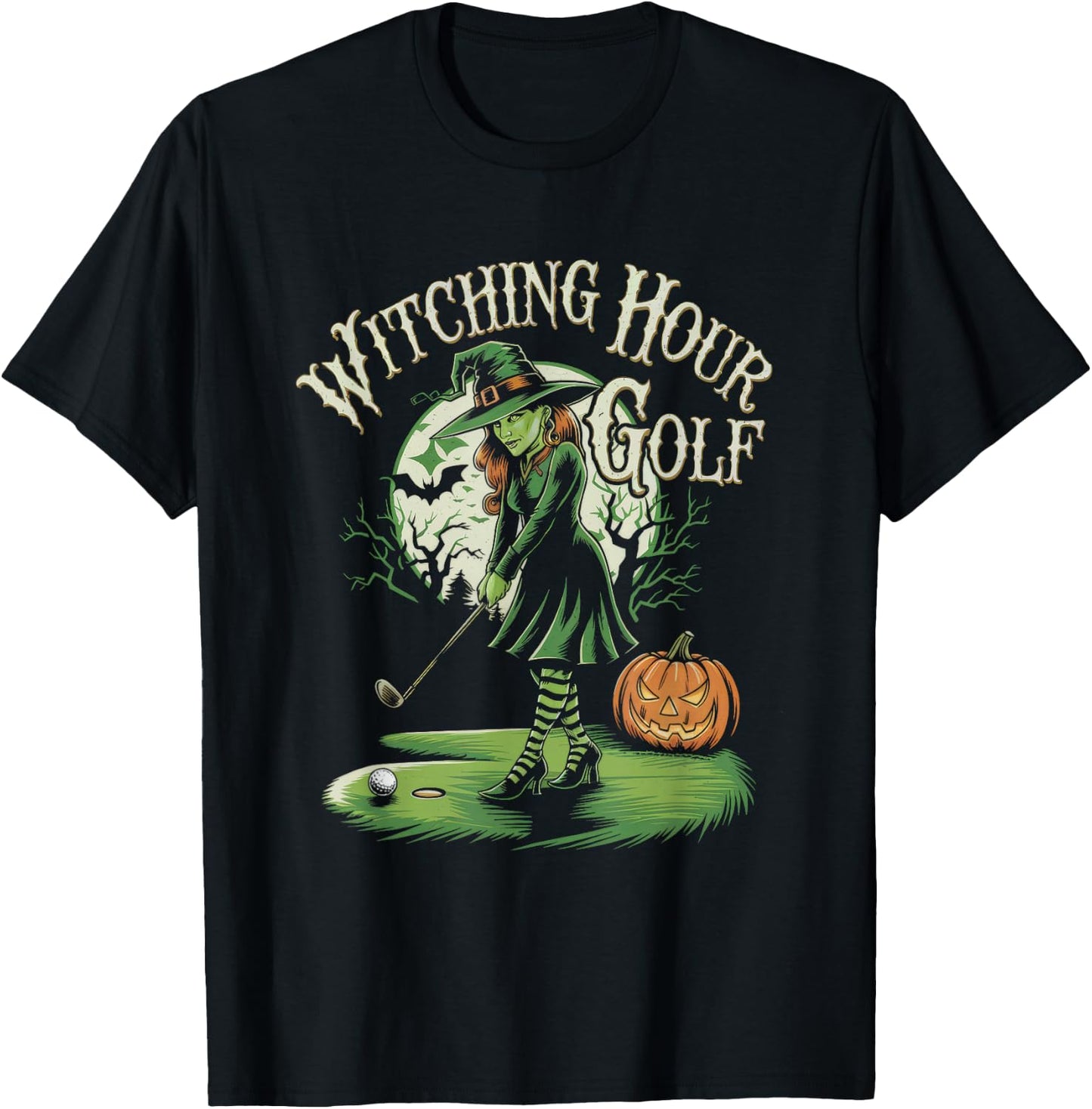 Witching Hour Golf Halloween Golf Witch Pumpkin T-Shirt - T-Shirt | Black