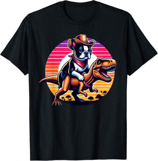 Boston Terrier Wearing A Cowboy Hat On T-Rex T-Shirt - T-Shirt | Black