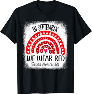 Rainbow In September We Wear Red Sepsis Awareness Ribbon T-Shirt - T-Shirt | Black