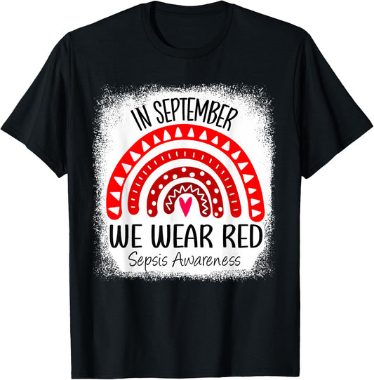 Rainbow In September We Wear Red Sepsis Awareness Ribbon T-Shirt - T-Shirt | Black