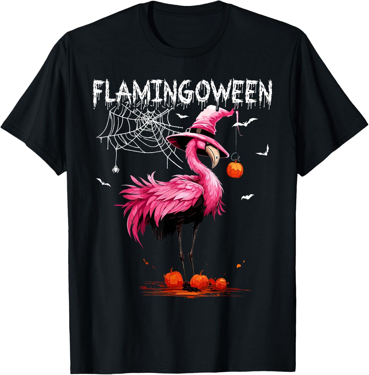 Flamingoween Pink Flamingo Witch Hat Pumpkin Halloween T-Shirt - T-Shirt | Black