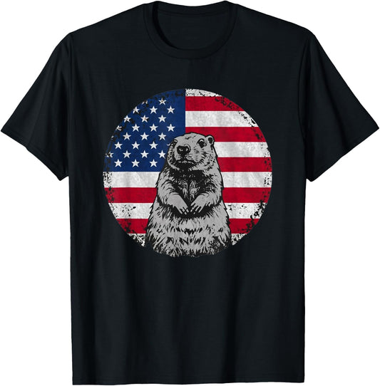 Cute Groundhog animal with American Flag T-Shirt - T-Shirt | Black