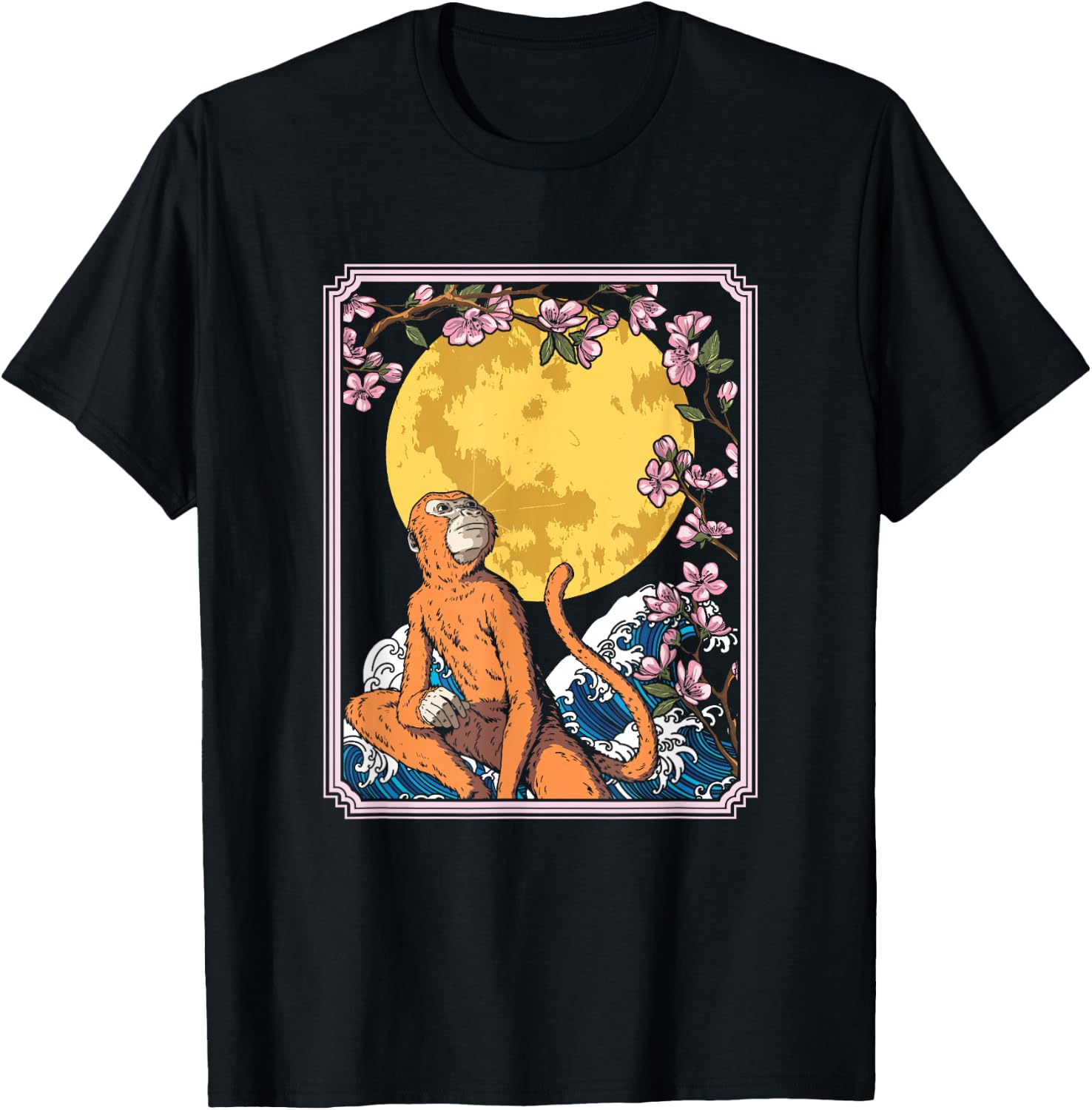 Japan Monkey Ape Animal - Primate Cherry Blossom Moon T-Shirt - T-Shirt | Black