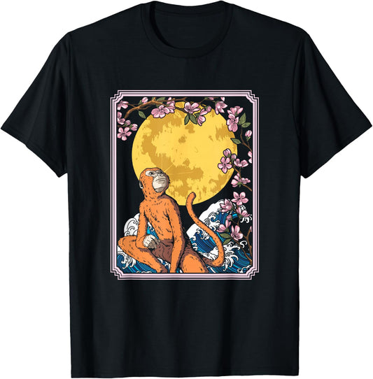 Japan Monkey Ape Animal - Primate Cherry Blossom Moon T-Shirt - T-Shirt | Black
