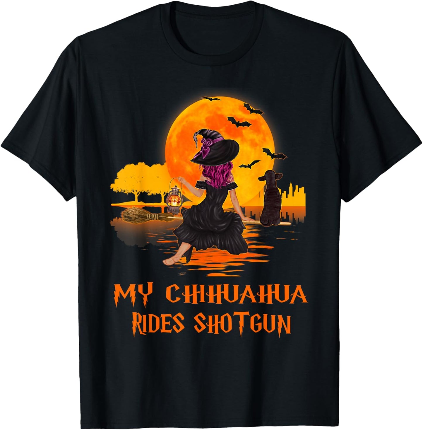 My Chihuahua Rides Shotgun Dog and Witch Funny Halloween Men Women Kids T-Shirt - T-Shirt | Black