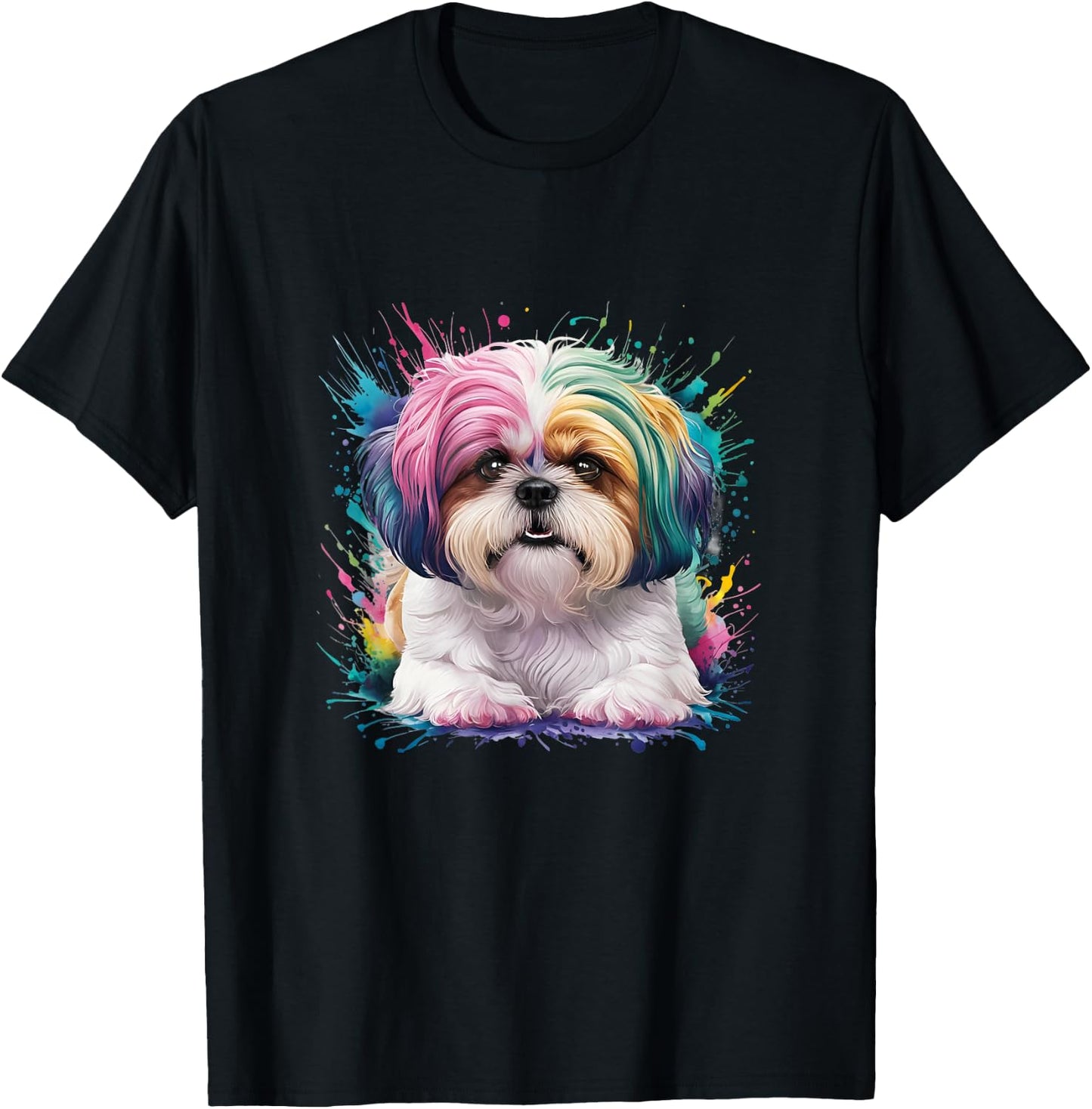 Men Woman Colorful Watercolor Shih Tzu T-Shirt - T-Shirt | Black