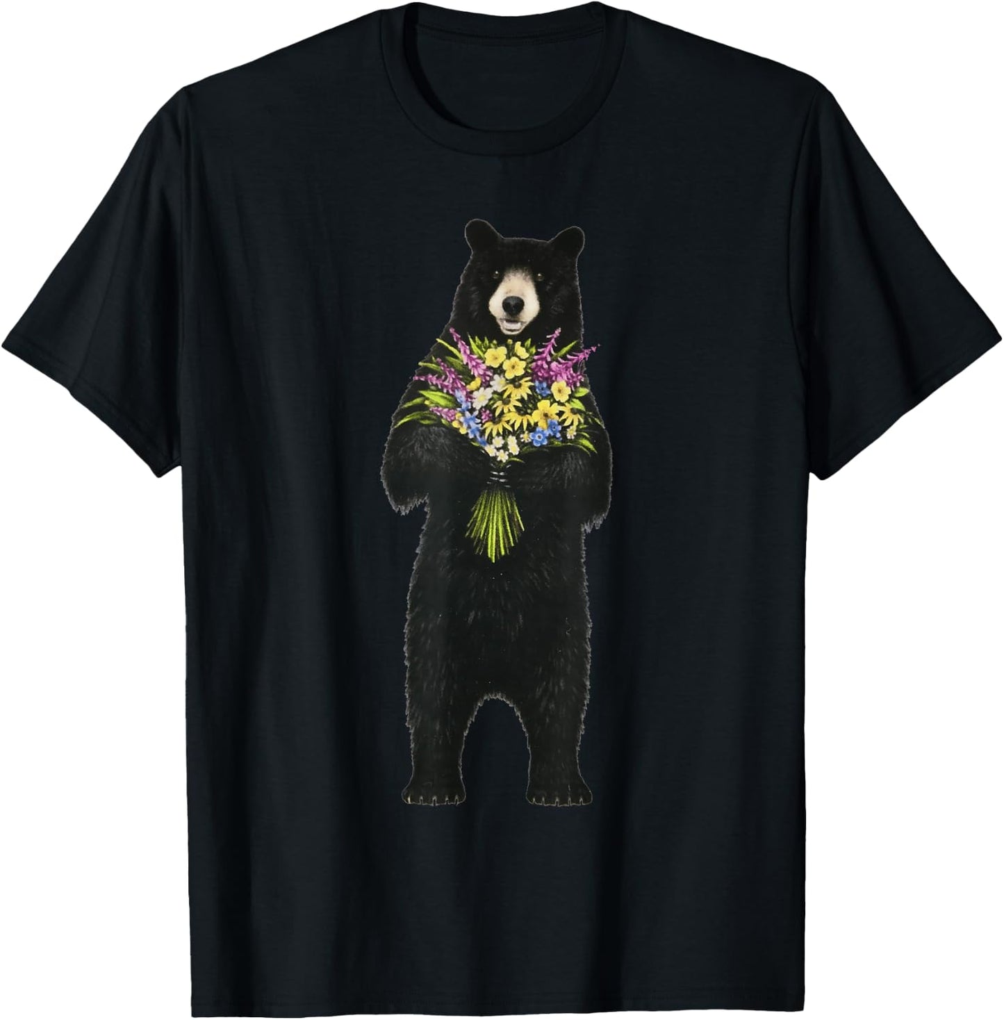 Black bear with a bouquet of wild flowers T-Shirt - T-Shirt | Black