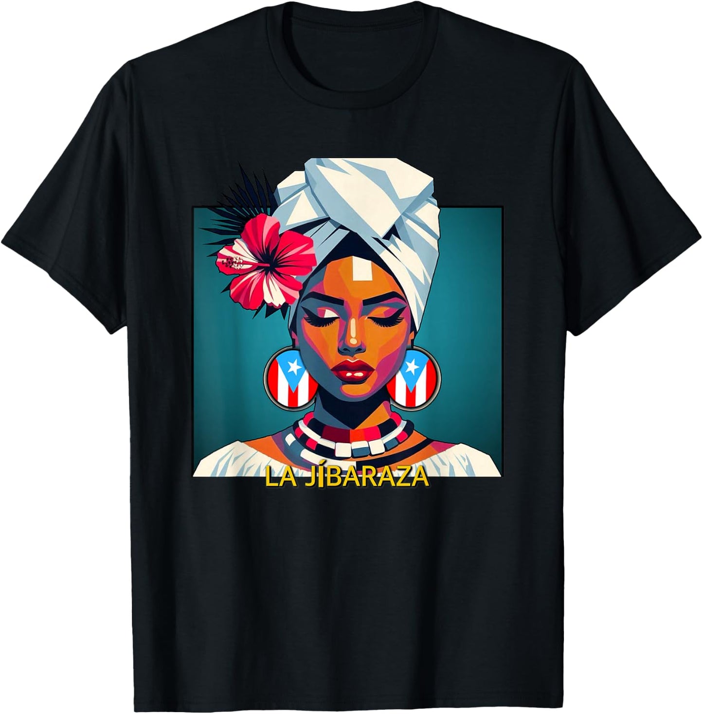 Jibaraza, Boricua Flag, Puerto Rican Jíbara Hibiscus Flower T-Shirt - T-Shirt | Black
