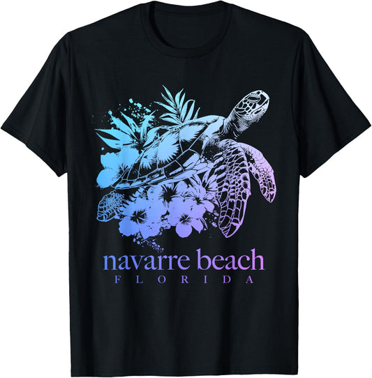 Navarre Beach Florida Turtle Flowers Surfer Souvenir T-Shirt - T-Shirt | Black