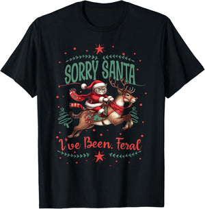 Sorry Santa I've Been Feral Cat Riding Reindeer Christmas Men Women Kids T-Shirt - T-Shirt | Black
