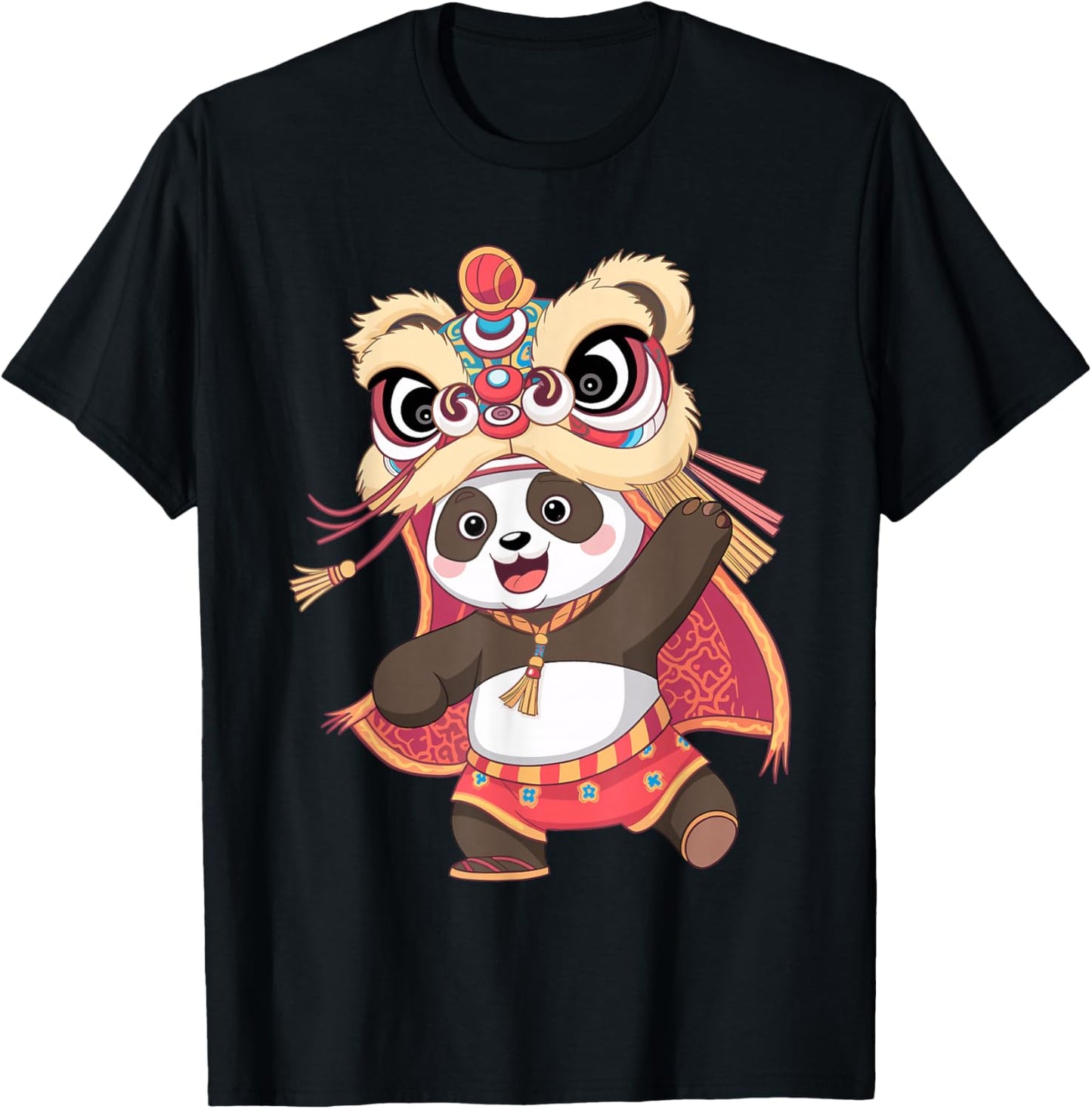 Cute Panda Dancing Happy Chinese New Year 2025 Lion Dance T-Shirt - T-Shirt | Black