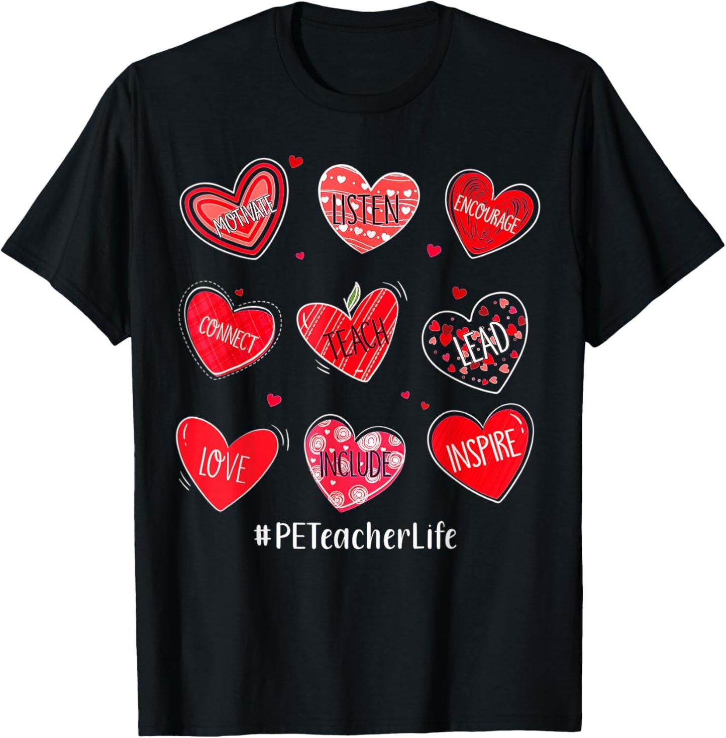 PE Teacher Hearts Valentines Valentines Day T-Shirt - T-Shirt | Black