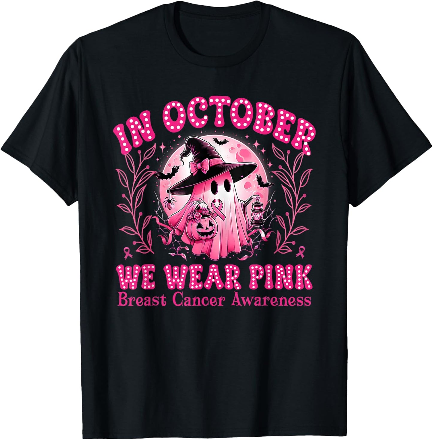 Breast Cancer Awareness In October We Wear Pink Ghost Witch T-Shirt - T-Shirt | Black