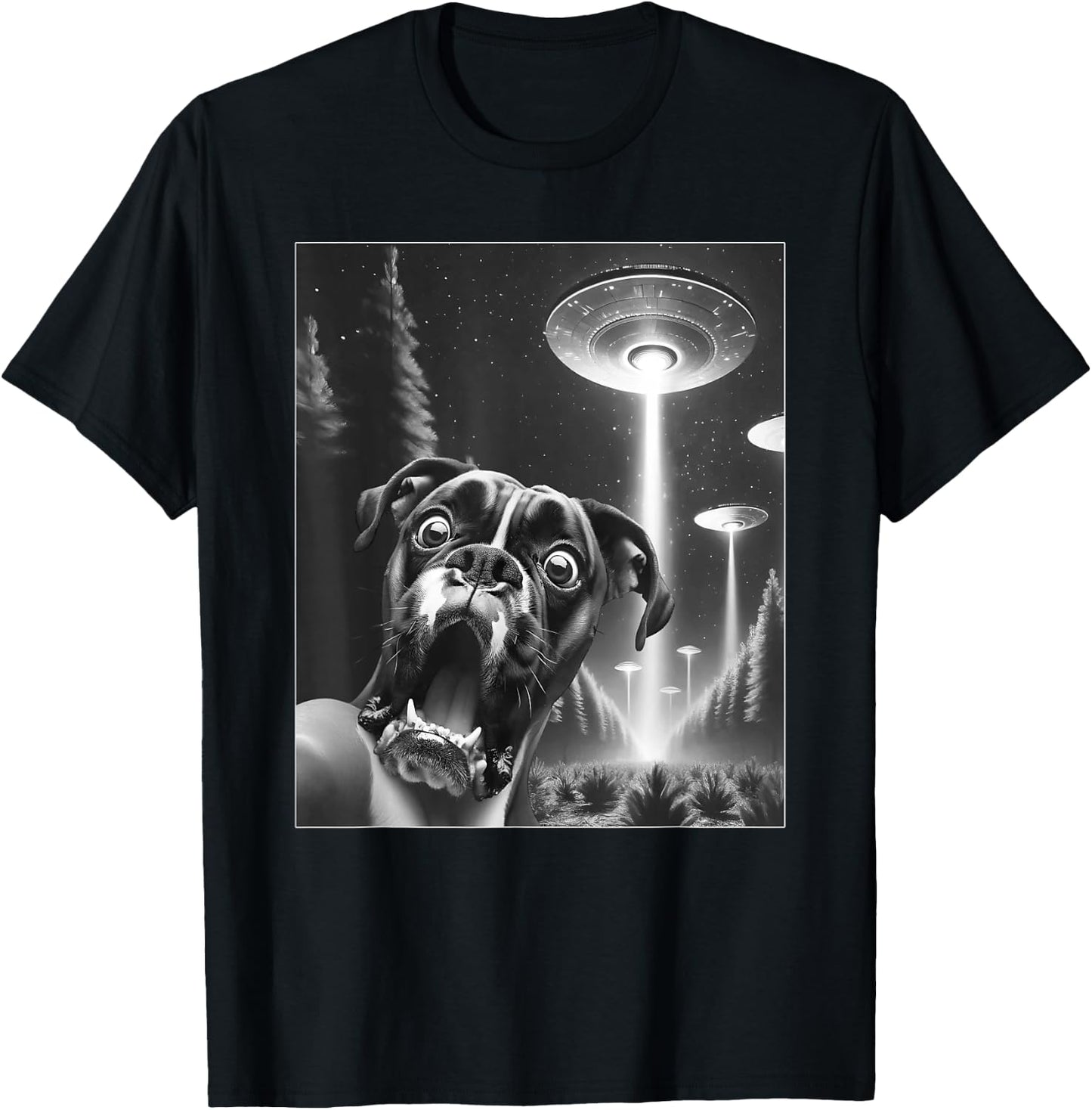 Funny Boxer Dog Alien UFO Taking a Selfie Dog Mom Dad Men Women Girls Kids T-Shirt - T-Shirt | Black