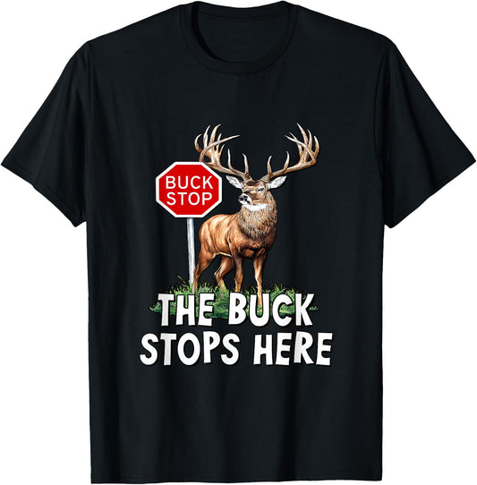 The Buck Stops Here - Deer At Stop Sign T-Shirt - T-Shirt | Black