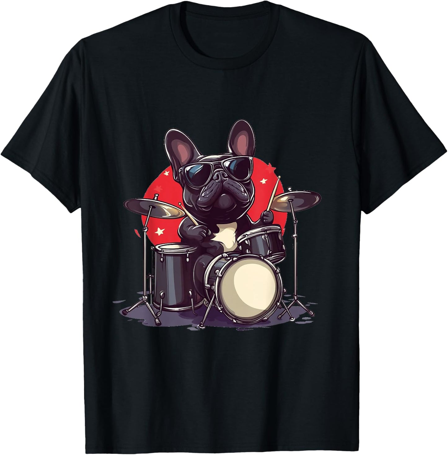 French Bulldog Playing The Drums Musician Dog Rock Band Dog T-Shirt - T-Shirt | Black
