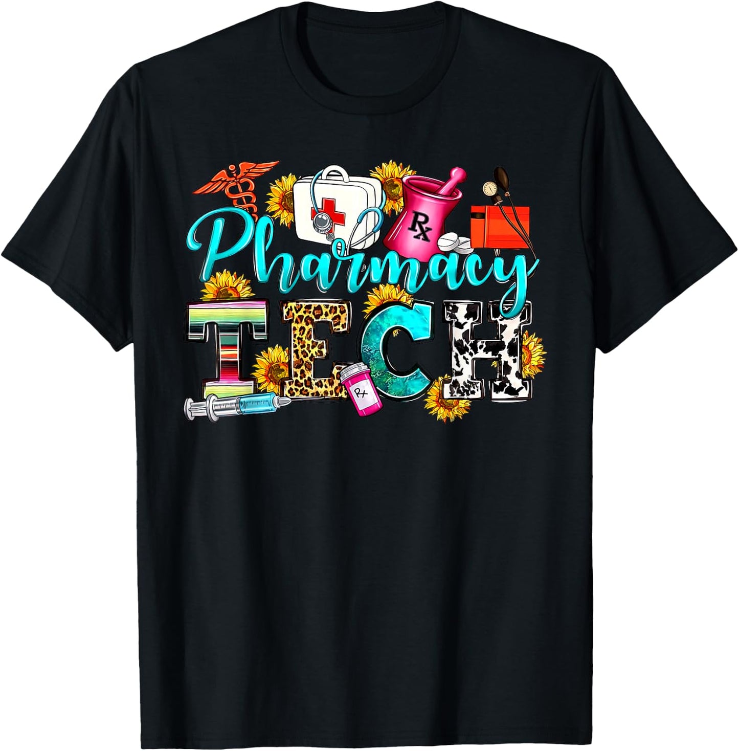 Retro Leopard Pharmacy Tech Pharmacist Certified Pharm Tech T-Shirt - T-Shirt | Black