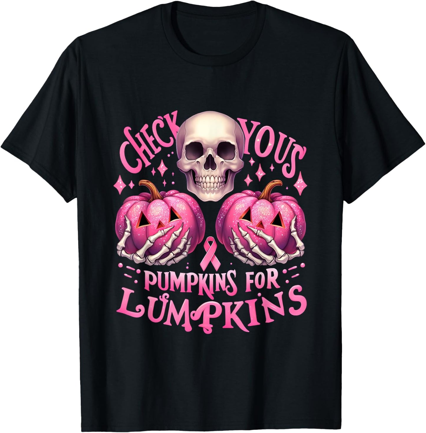 Check Your Pumpkins For Lumpkins Halloween Breast Cancer T-Shirt - T-Shirt | Black