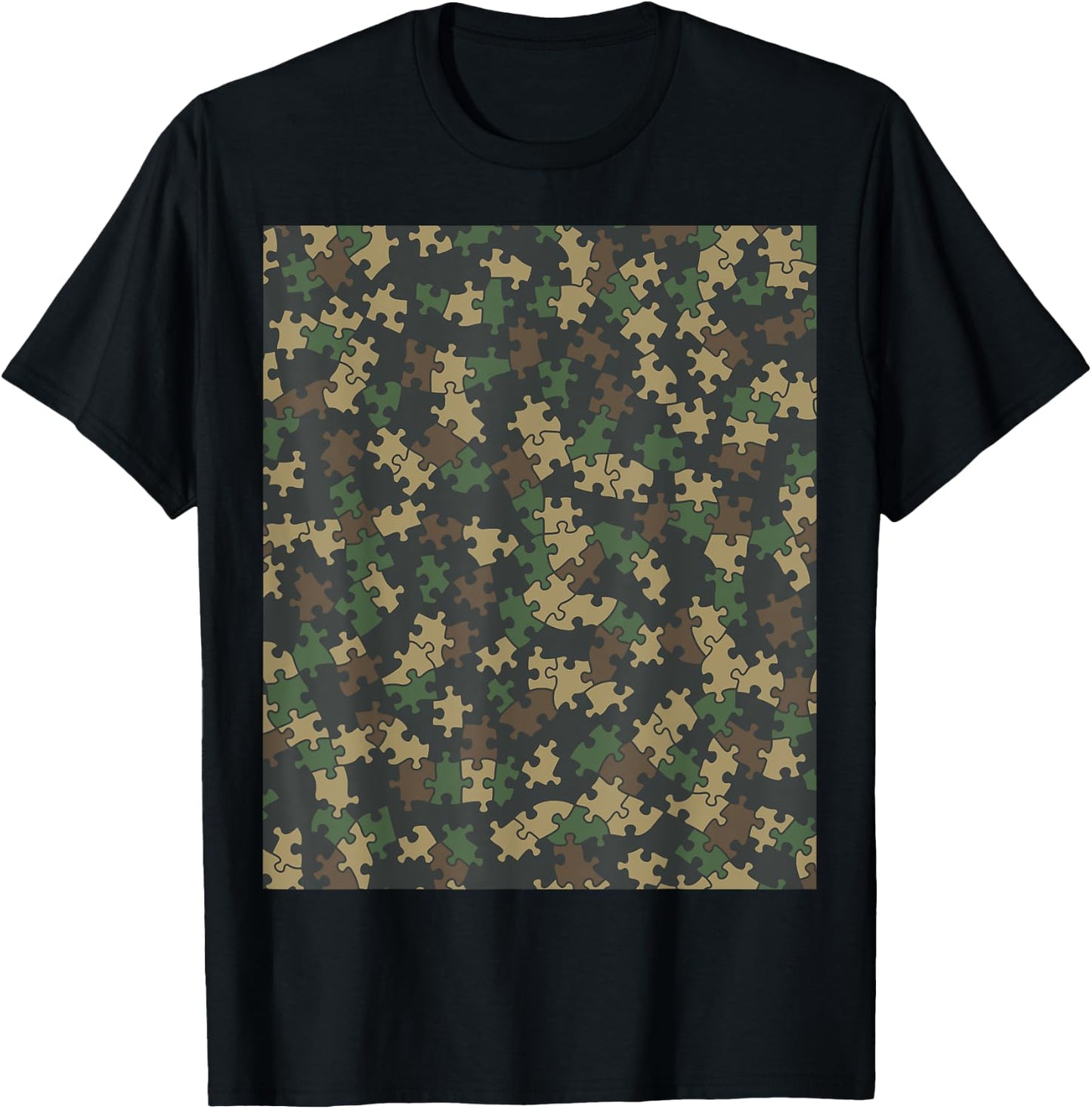 Jigsaw Puzzle Lover Pieces Camo Pattern Puzzler WOODLAND T-Shirt - T-Shirt | Black