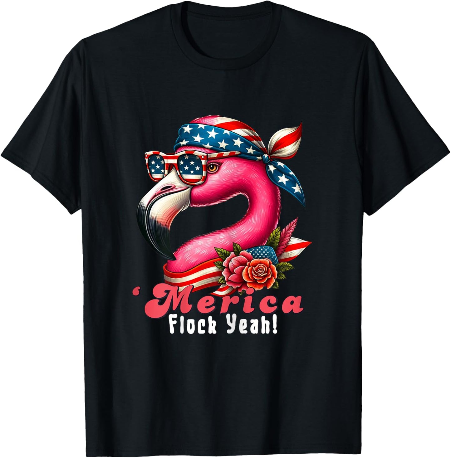 Merica Flock Yeah Patriotic Flamingo 4th of July Usa Flag Women T-Shirt - T-Shirt | Black
