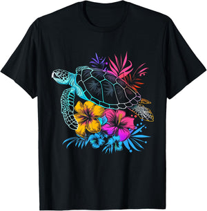 Sea Turtle Hawaiian Flowers Hawaii Diver T-Shirt - T-Shirt | Black