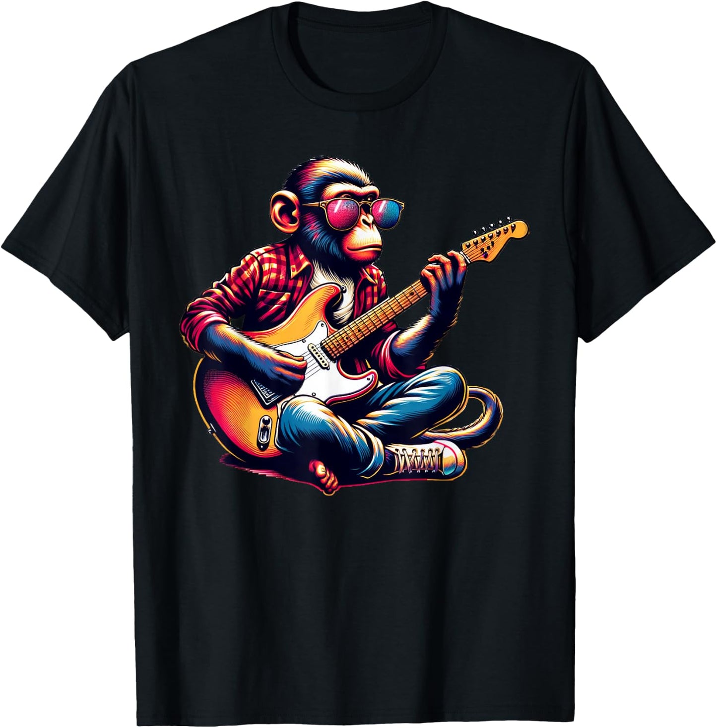 Monkey Wearing Sunglasses Playing Guitar Musician Music T-Shirt - T-Shirt | Black