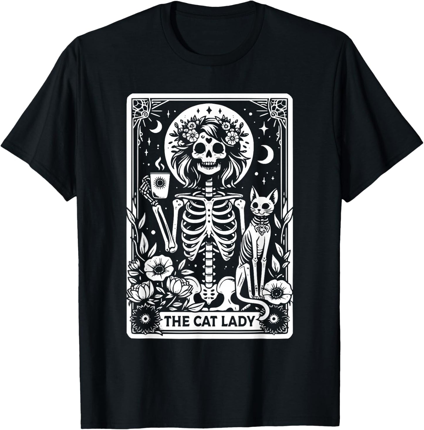 The Cat Lady Tarot Cards Skeleton Coffee Cat Tarot Card T-Shirt - T-Shirt | Black