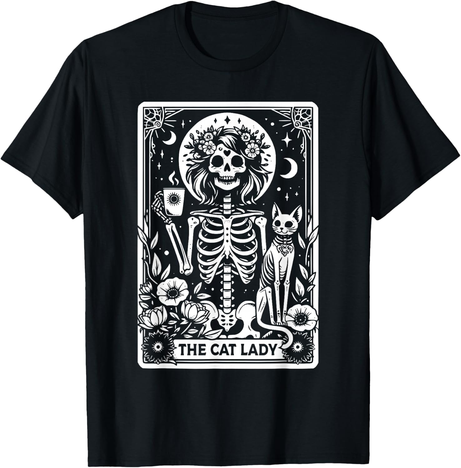 The Cat Lady Tarot Cards Skeleton Coffee Cat Tarot Card T-Shirt - T-Shirt | Black