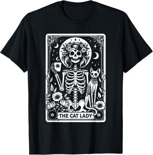 The Cat Lady Tarot Cards Skeleton Coffee Cat Tarot Card T-Shirt - T-Shirt | Black